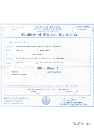 USA New York certificat d'enregistrement de mariage
